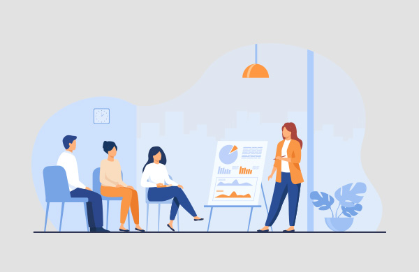ilustração de uma mulher apresentando a 3 colegas de trabalho um gráfico com indicadores de vendas